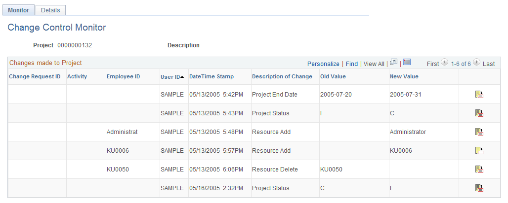 Change Control Monitor page