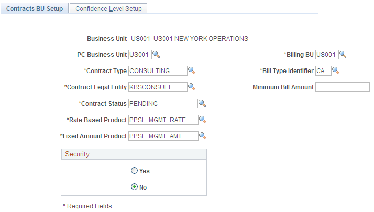 Contracts BU Setup page