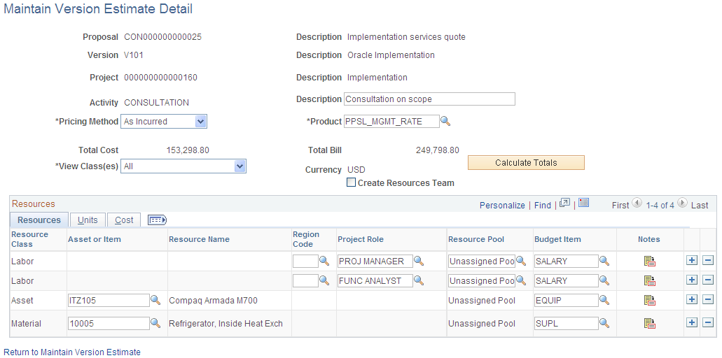 Maintain Version Estimate Detail page