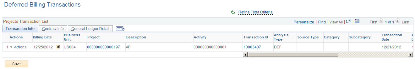 Deferred Billing Transactions pagelet