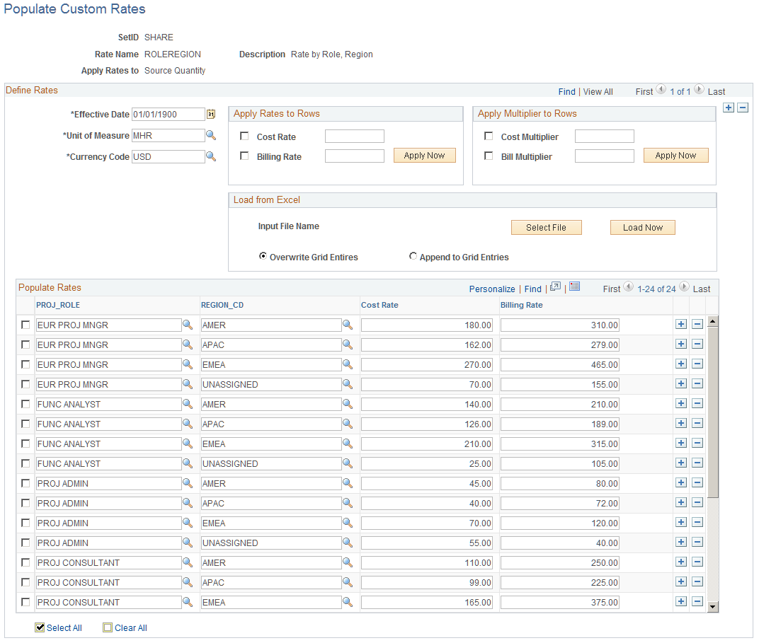 Populate Custom Rates page