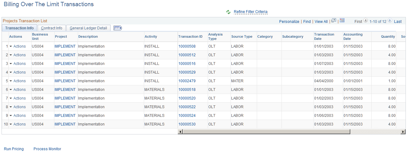 Billing Over the Limit Transactions page