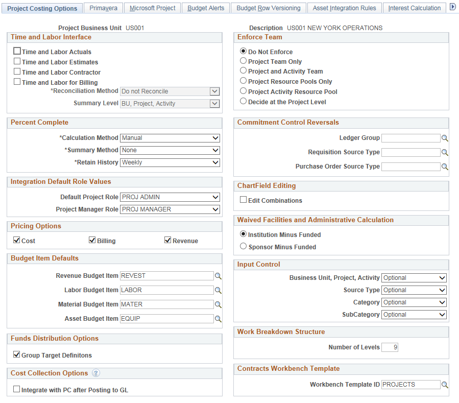 Project Costing Options page