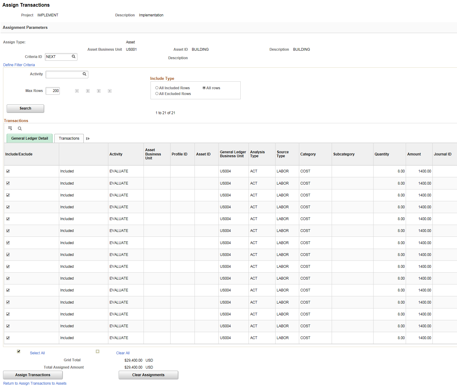 Assign Transactions page