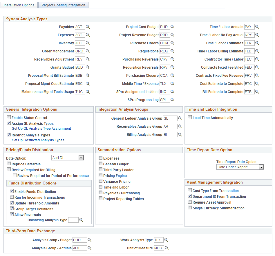 Project Costing Integration page