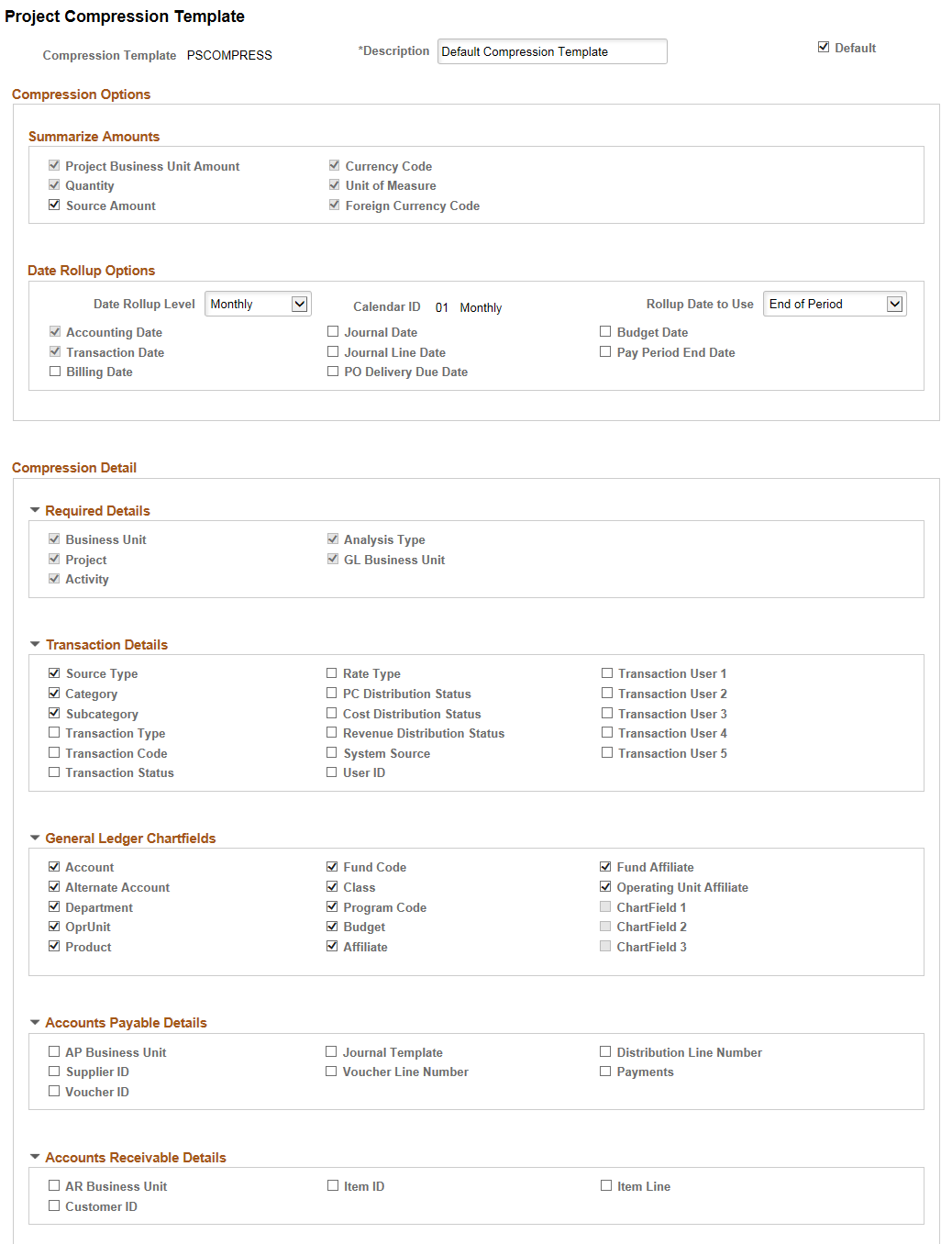 Project Compression Template page (1 of 2)