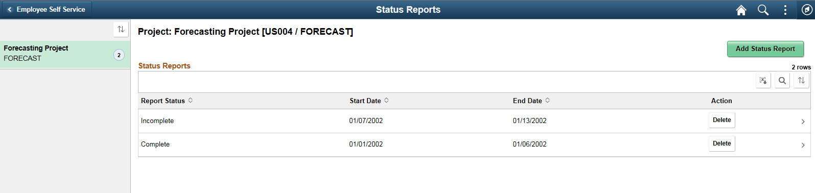 Status Reports page
