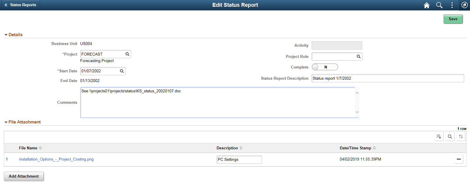 Edit Status Report page