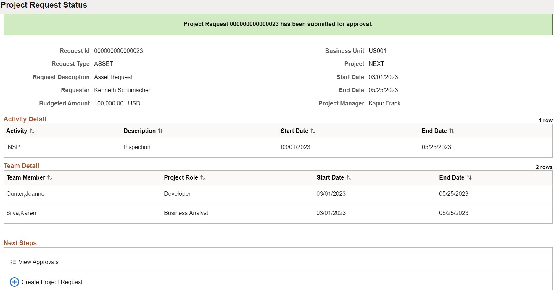 Project Request Status Page