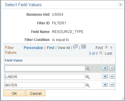 Select Field Values page