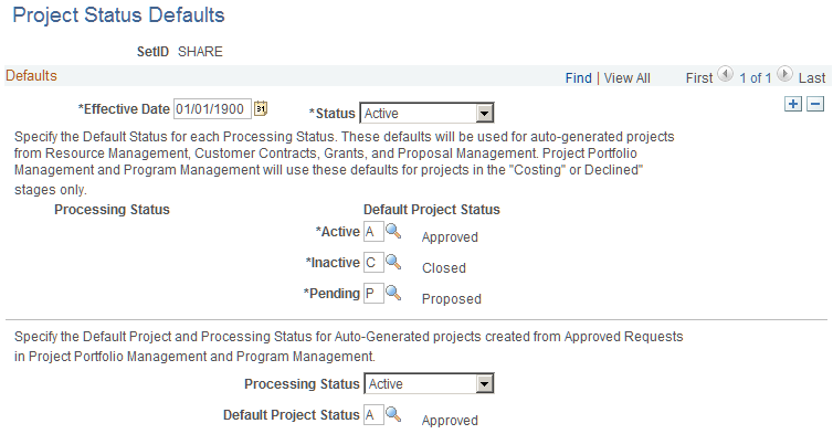 Project Status Defaults page