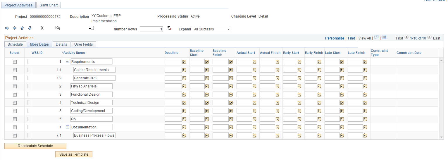 Project Activities page: More Dates tab