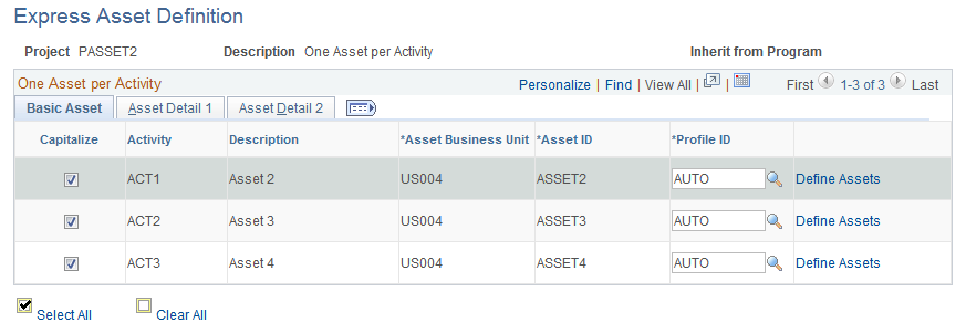 Express Asset Definition page (one asset per activity)