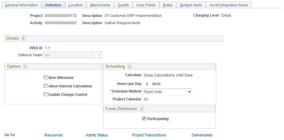 Activity Definitions - Definition page