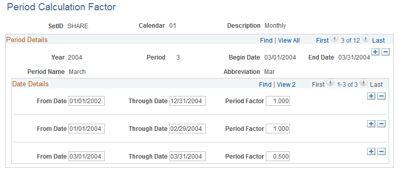 Example of the Period Calculation Factor page with Straight Average method