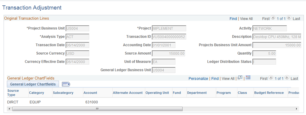 Transaction Adjustment page: Original Transaction Lines group box