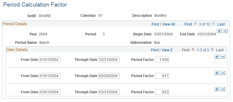 Example of the Period Calculation Factor page with FASB 34 method
