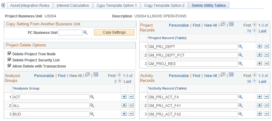 Delete Utility Tables page