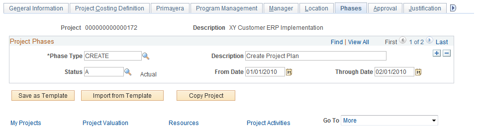 Project Definitions - Phases page