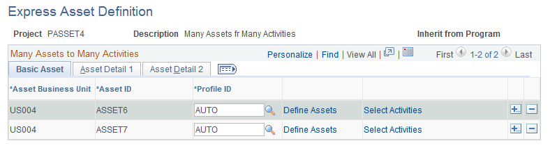 Express Asset Definition page (many assets from many activities)