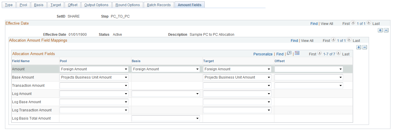 Define Allocation Step - Amount Fields page