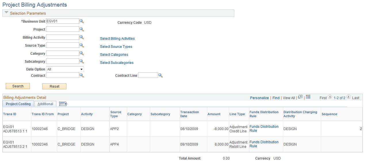 Project Billing Adjustments page