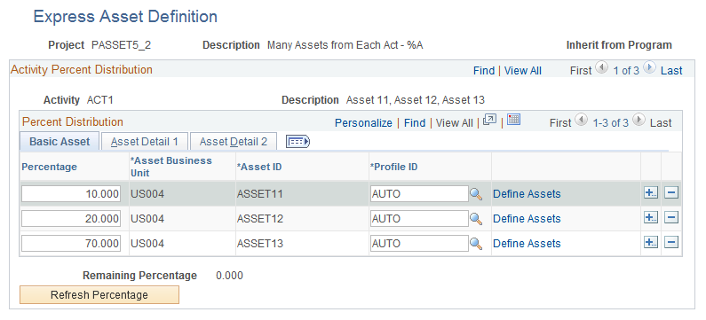 Express Asset Definition page (percentage distribution at the activity level)