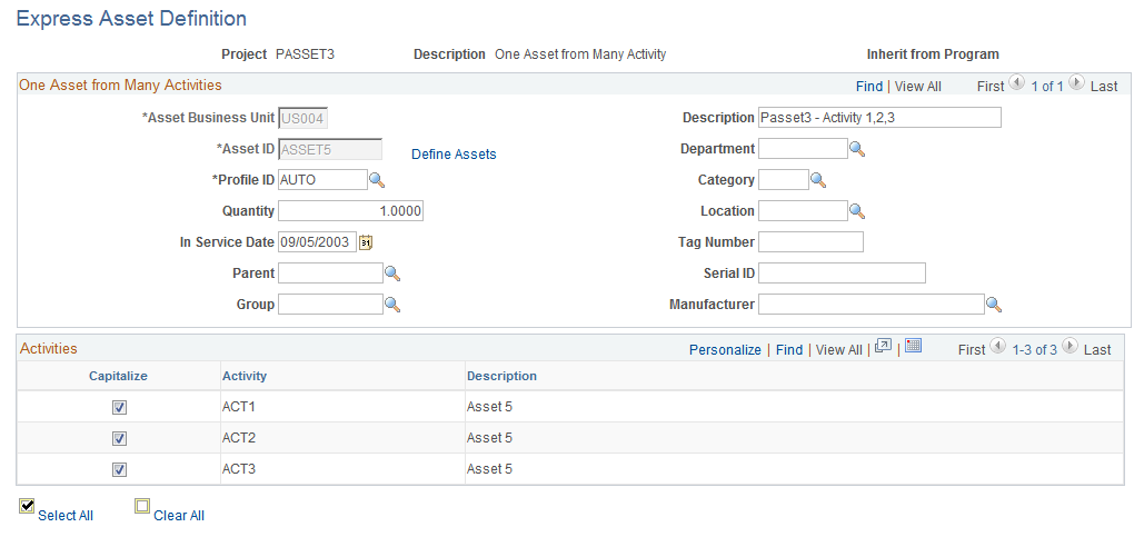 Express Asset Definition page (one asset from many activities)