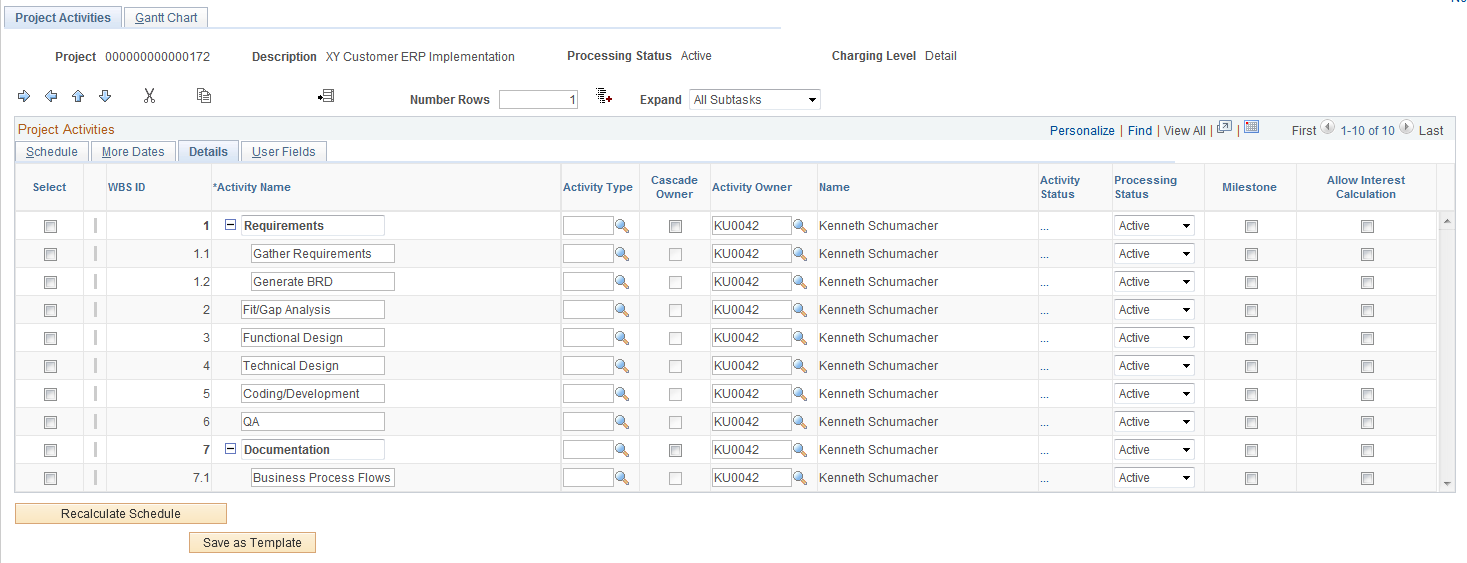 Project Activities page: Details tab