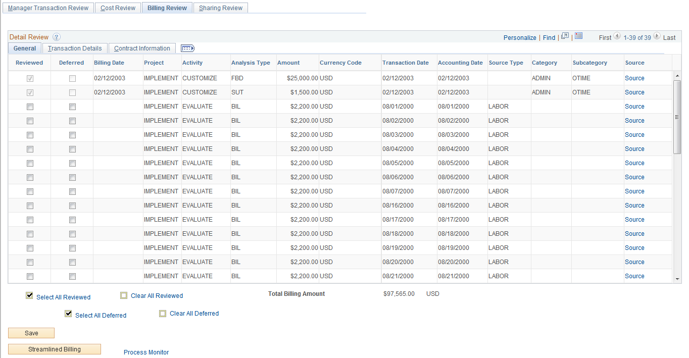 Manager Transaction Review - Billing Review: General page