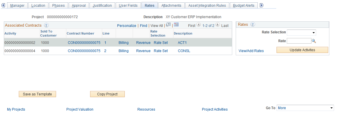 Project Definitions - Rates page