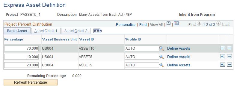 Express Asset Definition page (percentage distribution at the project level)