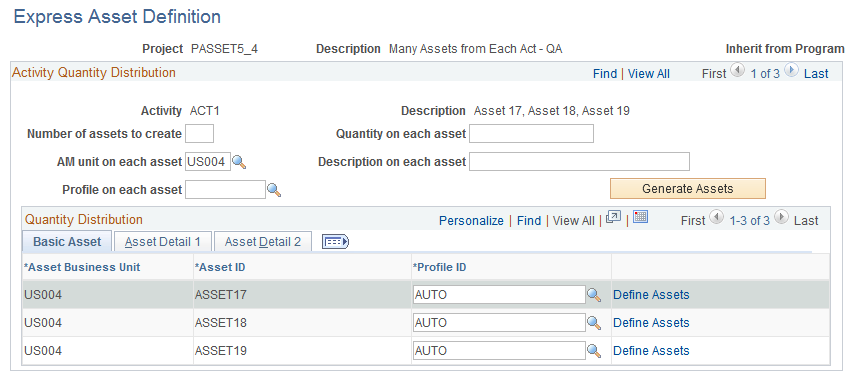 Express Asset Definition page (quantity distribution at the activity level)