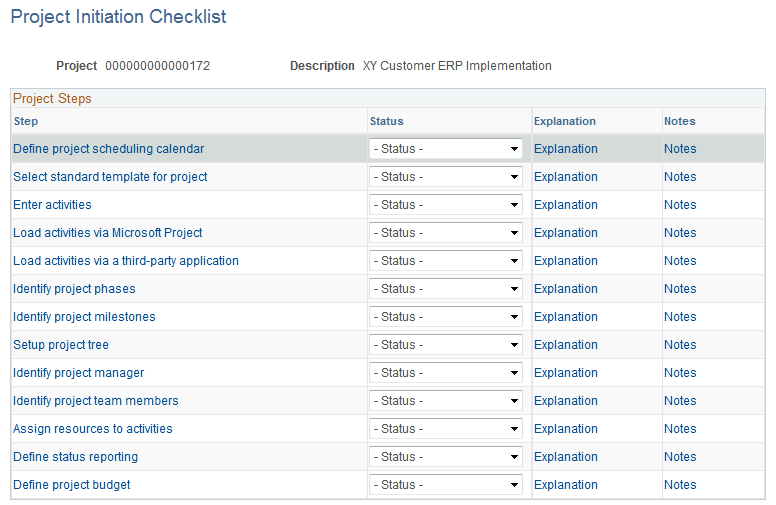 Project Initiation Checklist page (1 of 2)