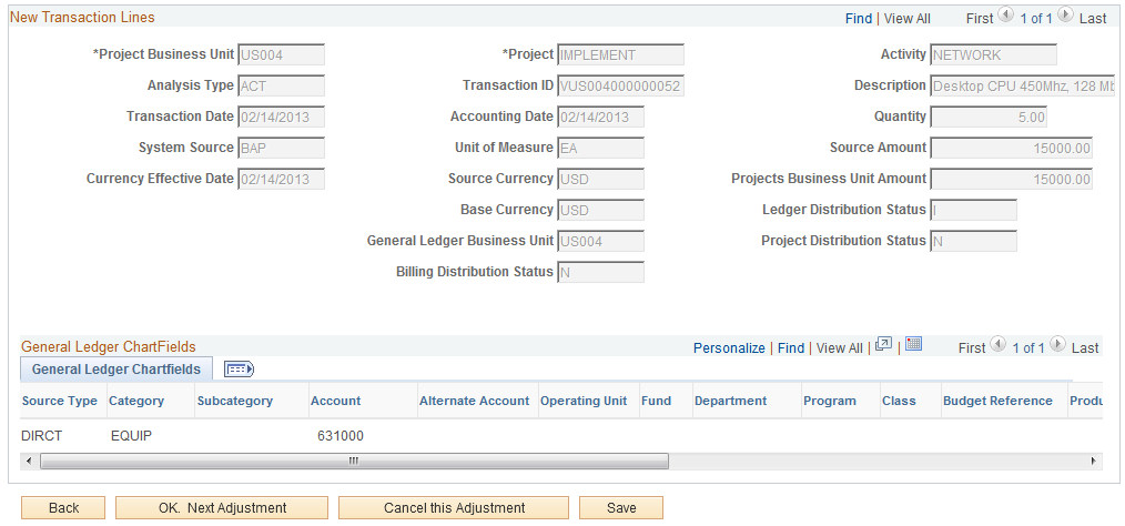 Transaction Adjustment page: New Transaction Lines group box