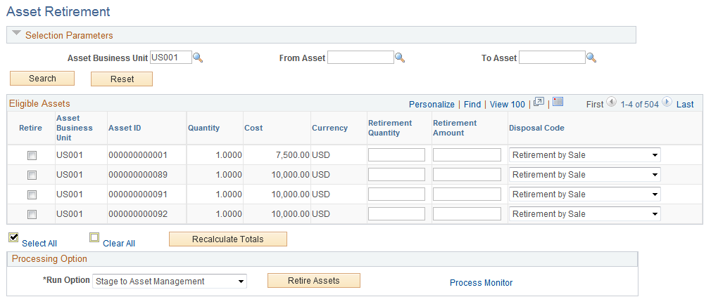 Asset Retirement page