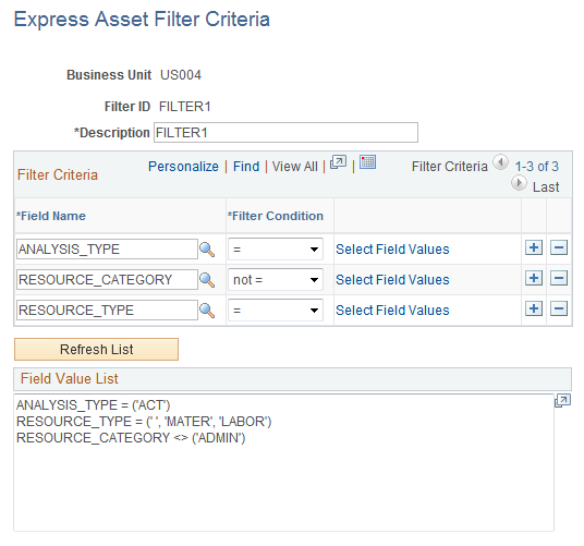 Express Asset Filter Criteria page