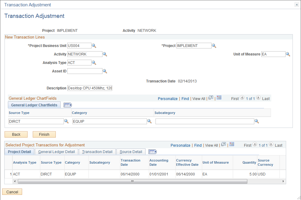 Transaction Adjustment page: Entering adjustments