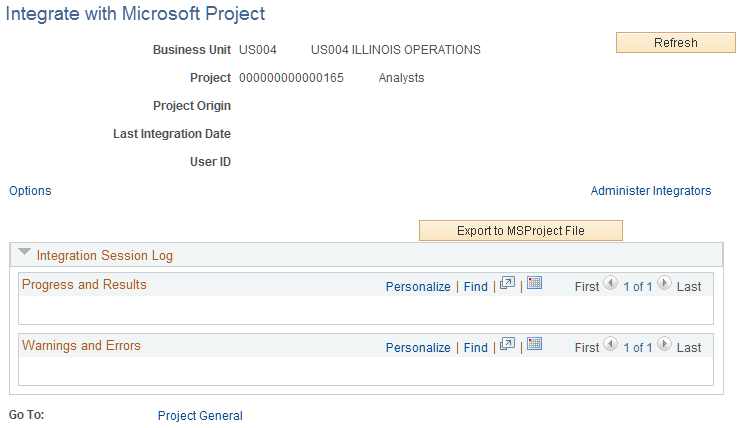Integrate with Microsoft Project page