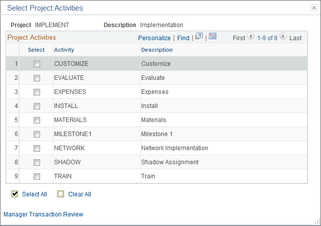 Select Project Activities page