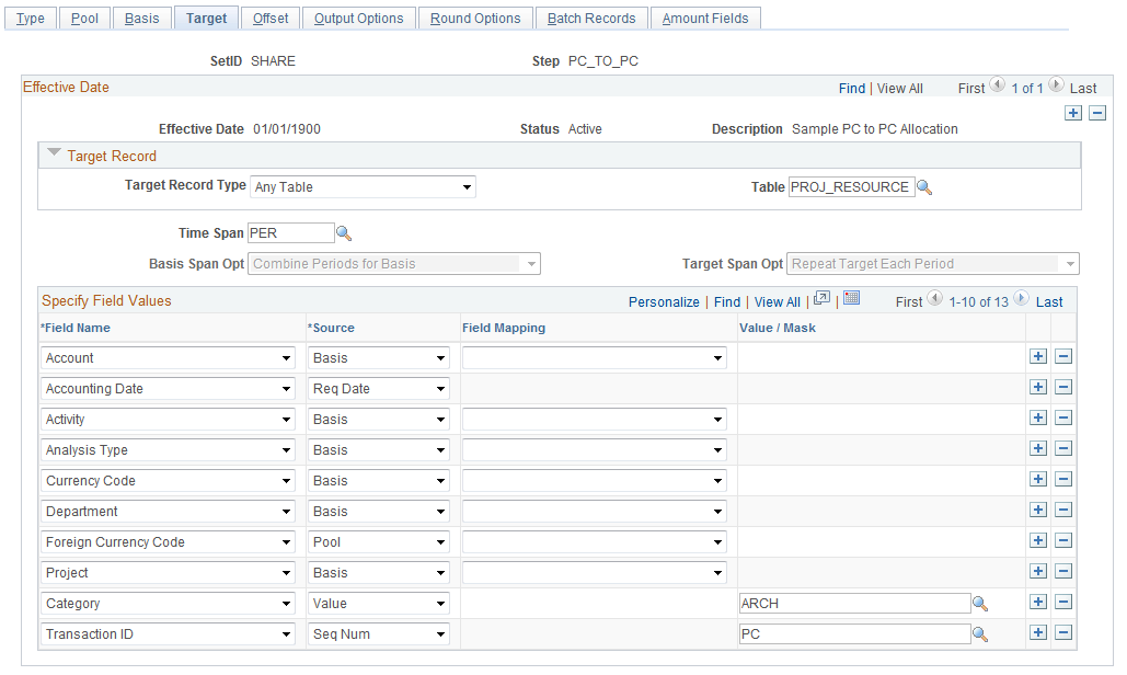 Define Allocation Step - Target page