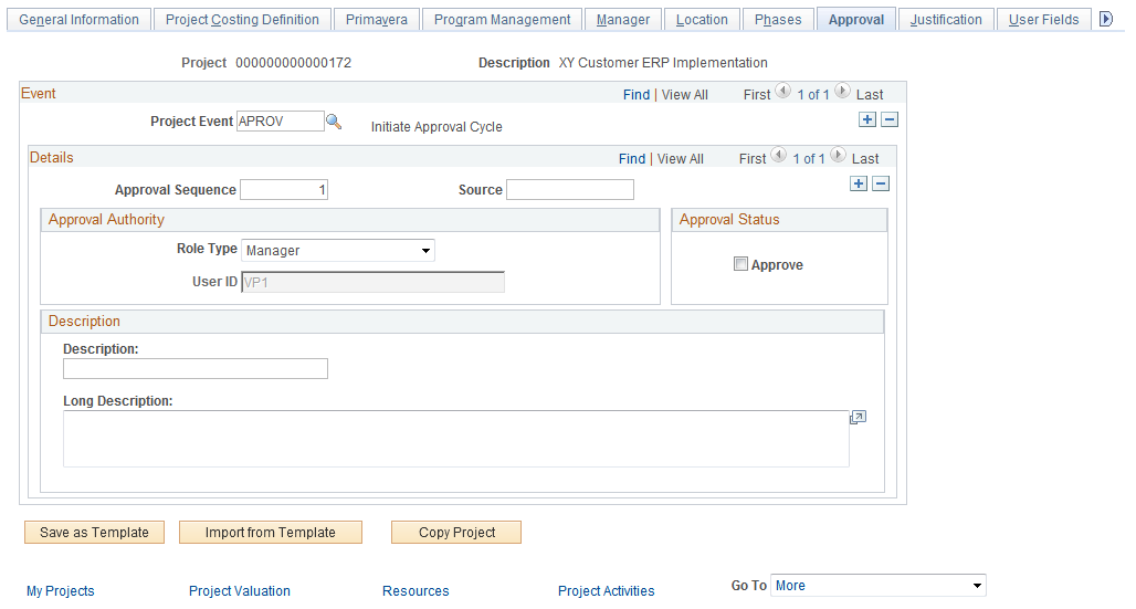 Project Definitions - Approval page