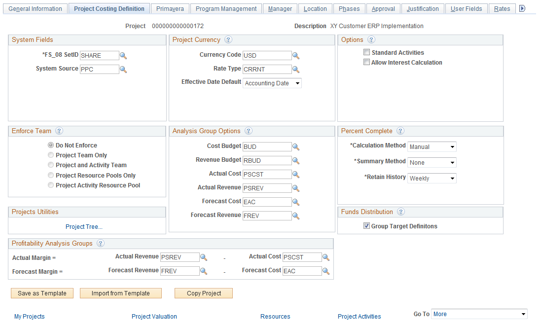 Project Definitions - Project Costing Definition page