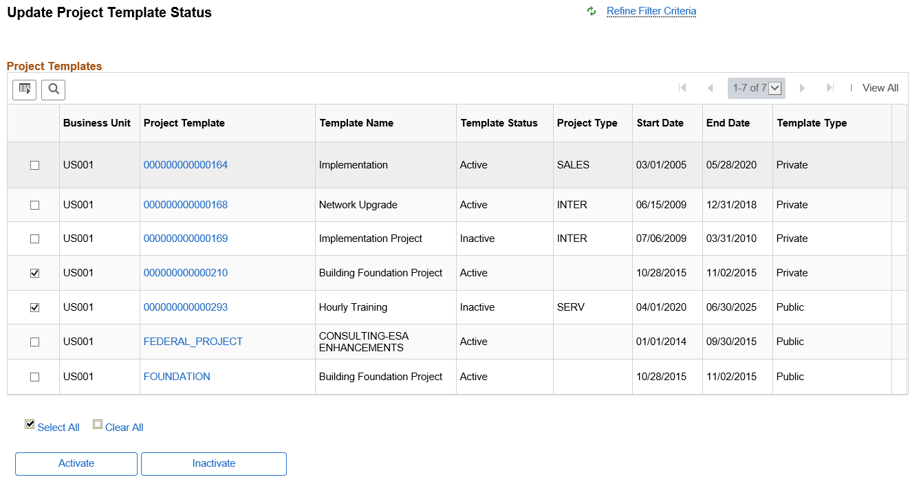 Update Project Template Status page