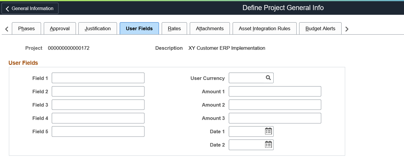 Define Project General Info - User Fields page