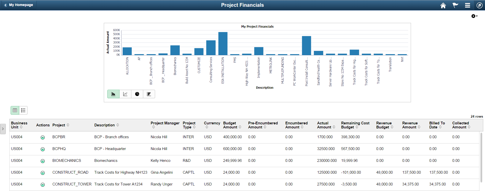 Project Financials (pivot) page