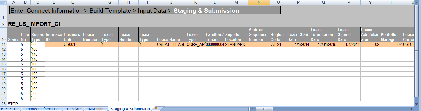 Example of Input Data page Staging and Submission sheet