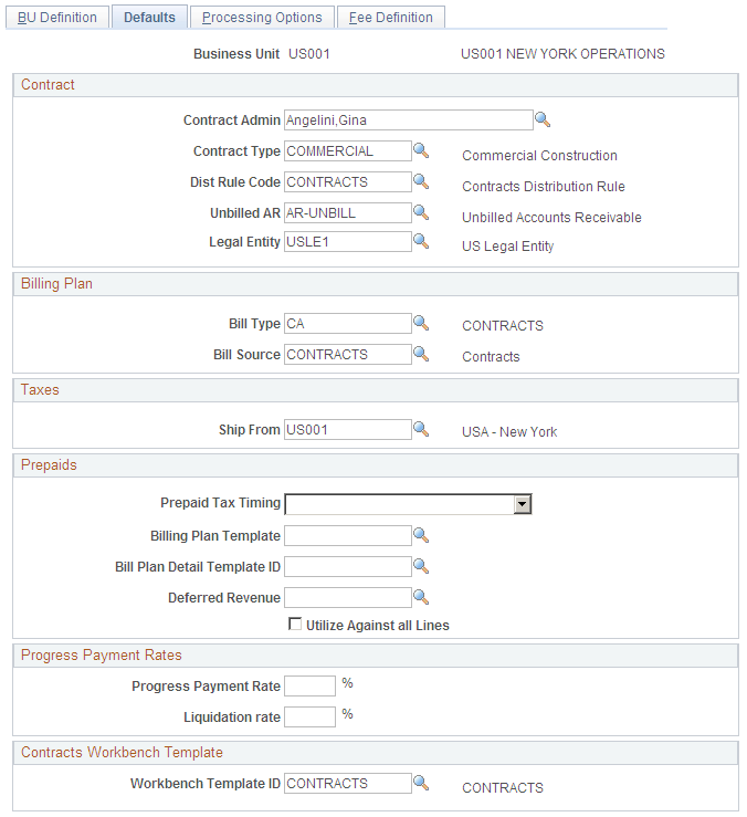 Contracts Business Unit - Defaults page