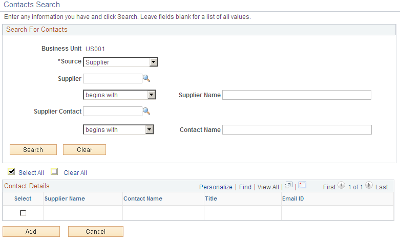 Search for Contacts page