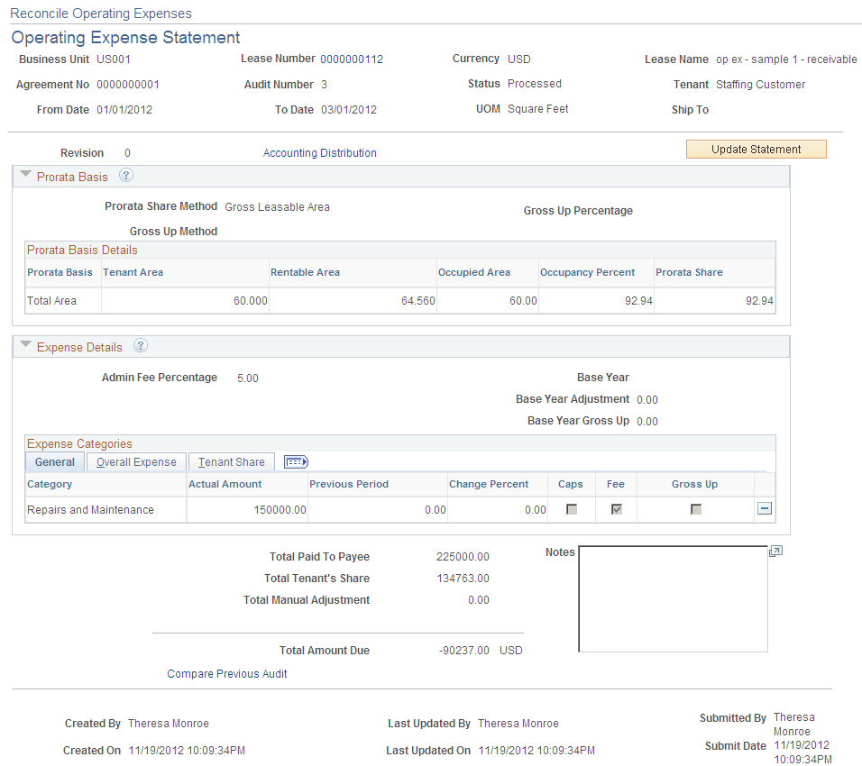 Reconcile Operating Expenses - Operating Expense Statement page